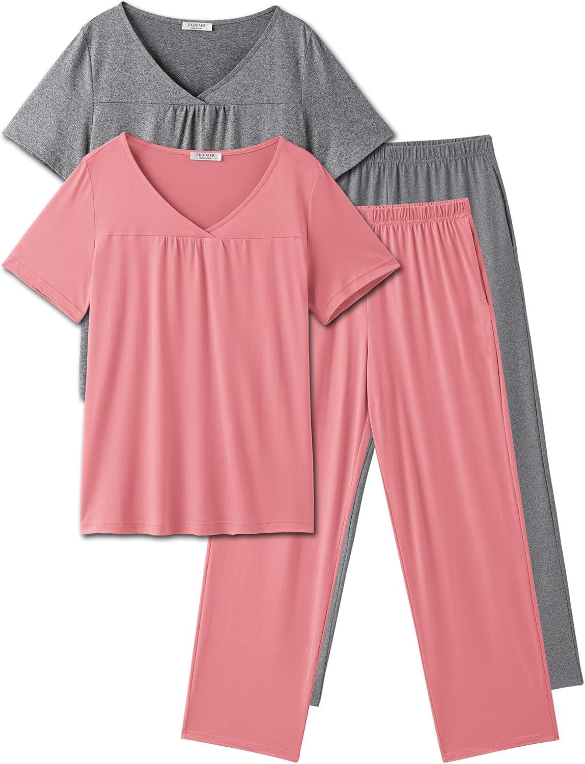 imageEkouaer Pajama Sets for Women 2 Pack Short Sleeve with Long Pant Pjs Sleepwear Comfy Lounge Sets with PocketsPinkGrey