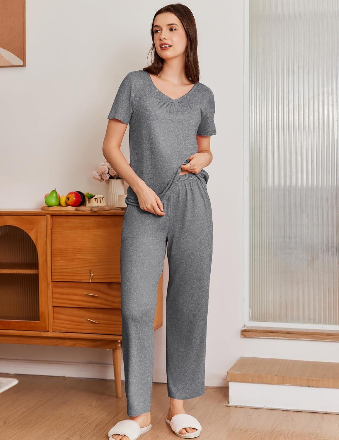 imageEkouaer Pajama Sets for Women 2 Pack Short Sleeve with Long Pant Pjs Sleepwear Comfy Lounge Sets with PocketsPinkGrey