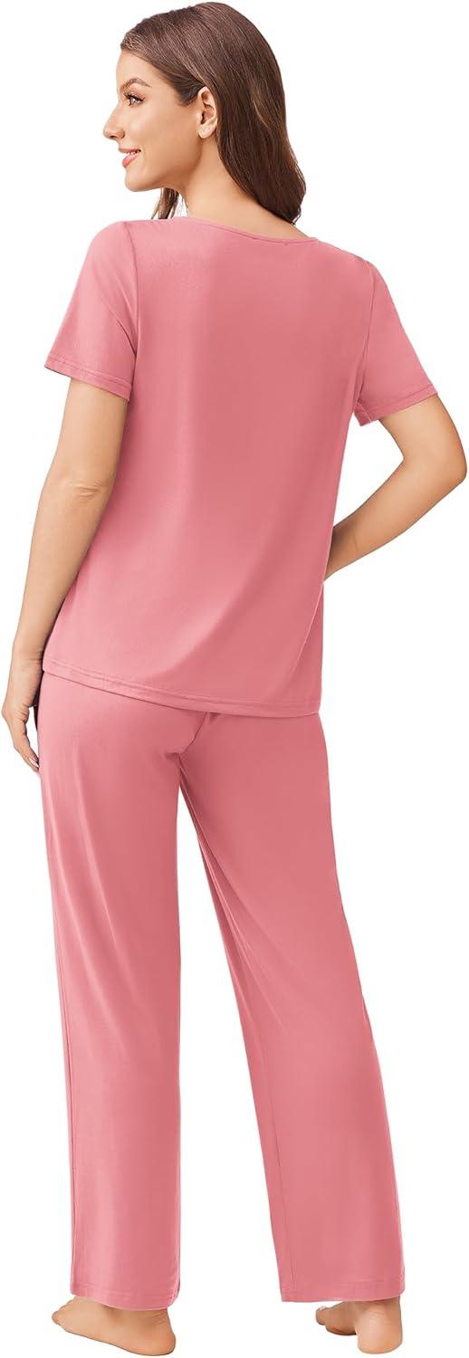 imageEkouaer Pajama Sets for Women 2 Pack Short Sleeve with Long Pant Pjs Sleepwear Comfy Lounge Sets with PocketsPinkGrey