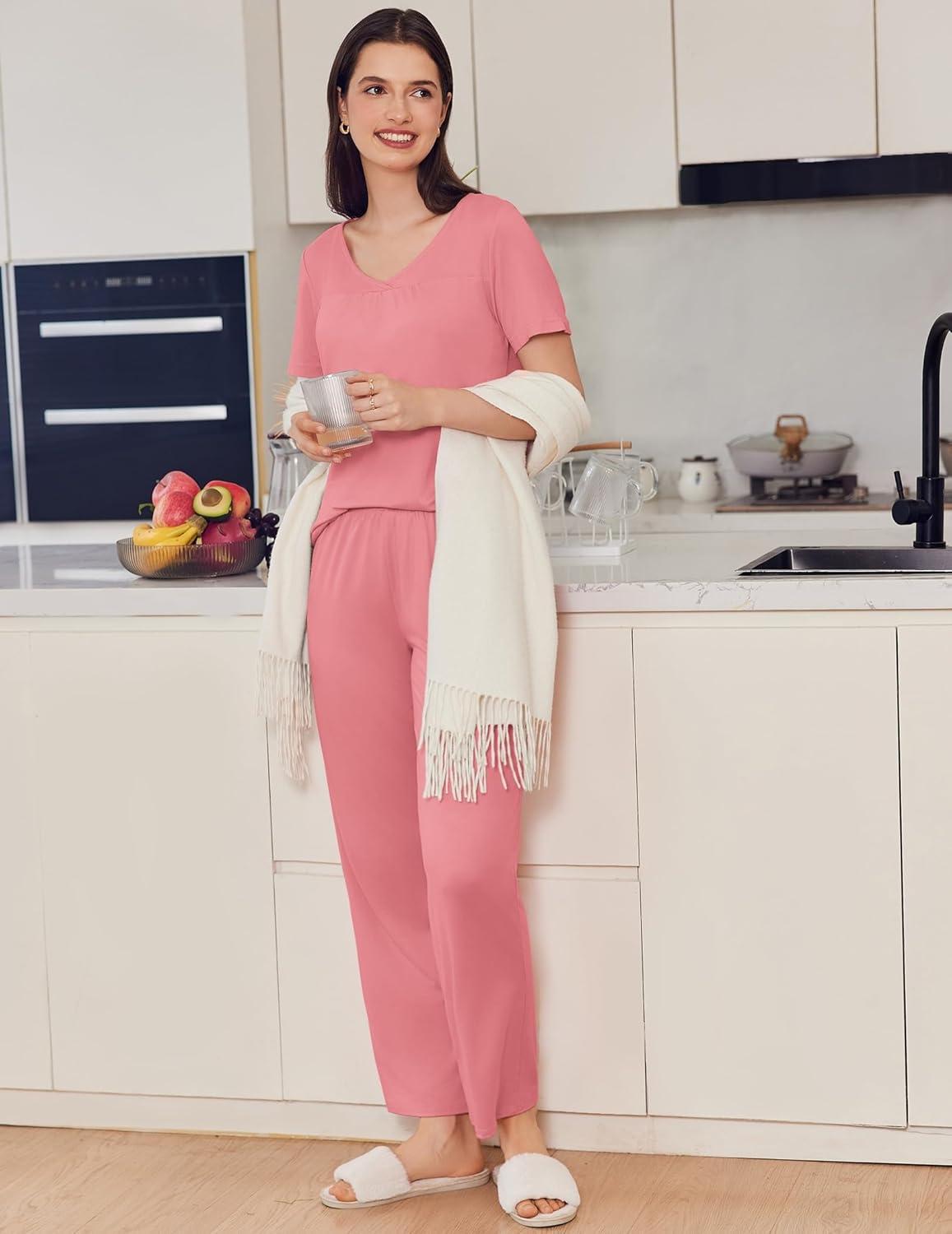 imageEkouaer Pajama Sets for Women 2 Pack Short Sleeve with Long Pant Pjs Sleepwear Comfy Lounge Sets with PocketsPinkGrey