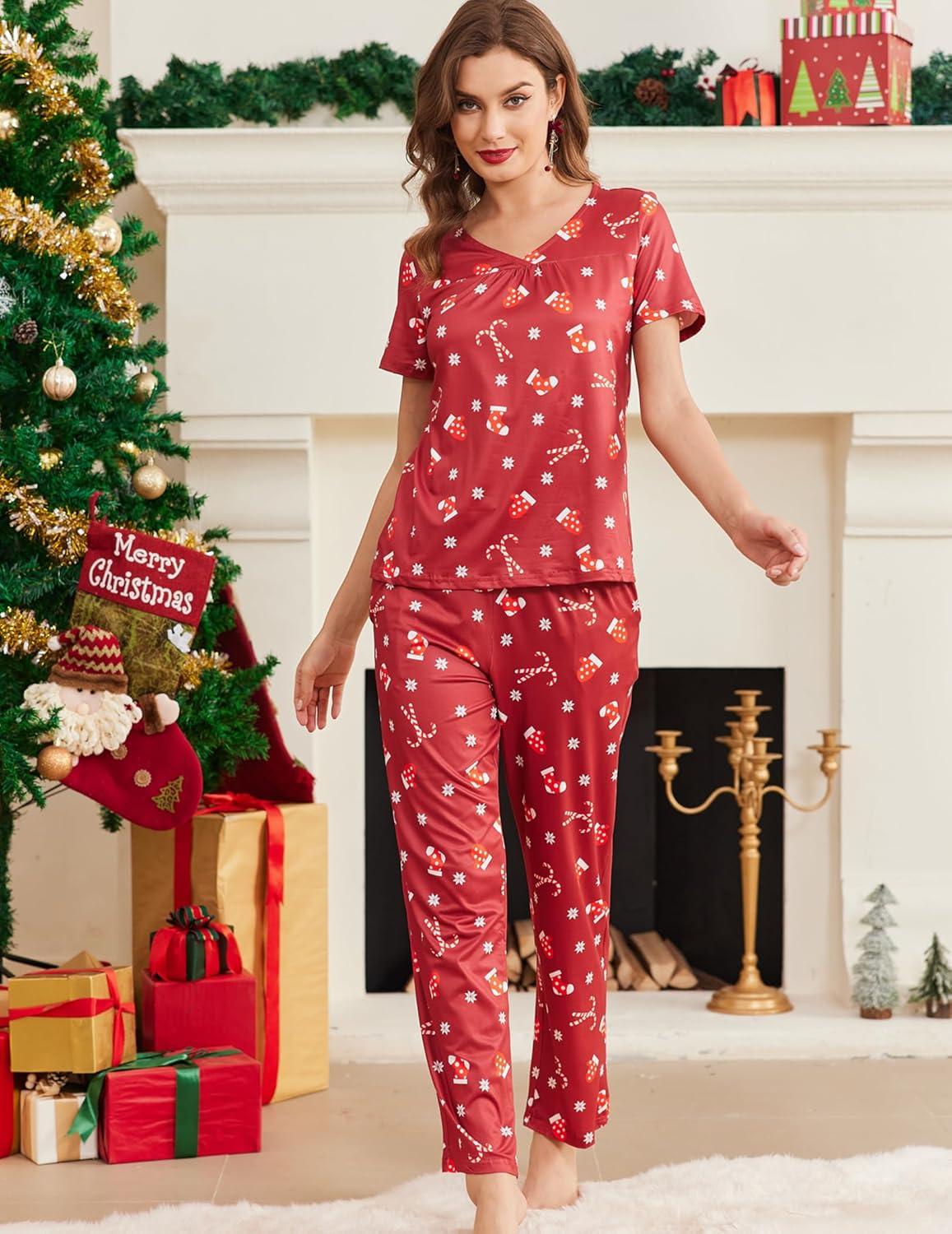 imageEkouaer Pajama Sets for Women 2 Pack Short Sleeve with Long Pant Pjs Sleepwear Comfy Lounge Sets with PocketsRedGreen