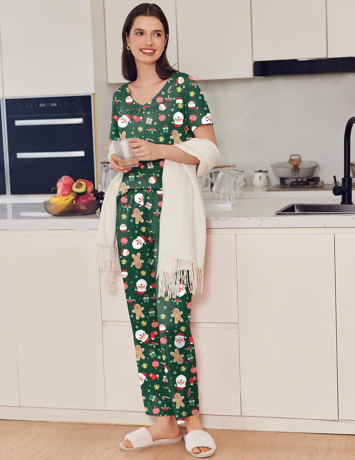 imageEkouaer Pajama Sets for Women 2 Pack Short Sleeve with Long Pant Pjs Sleepwear Comfy Lounge Sets with PocketsRedGreen