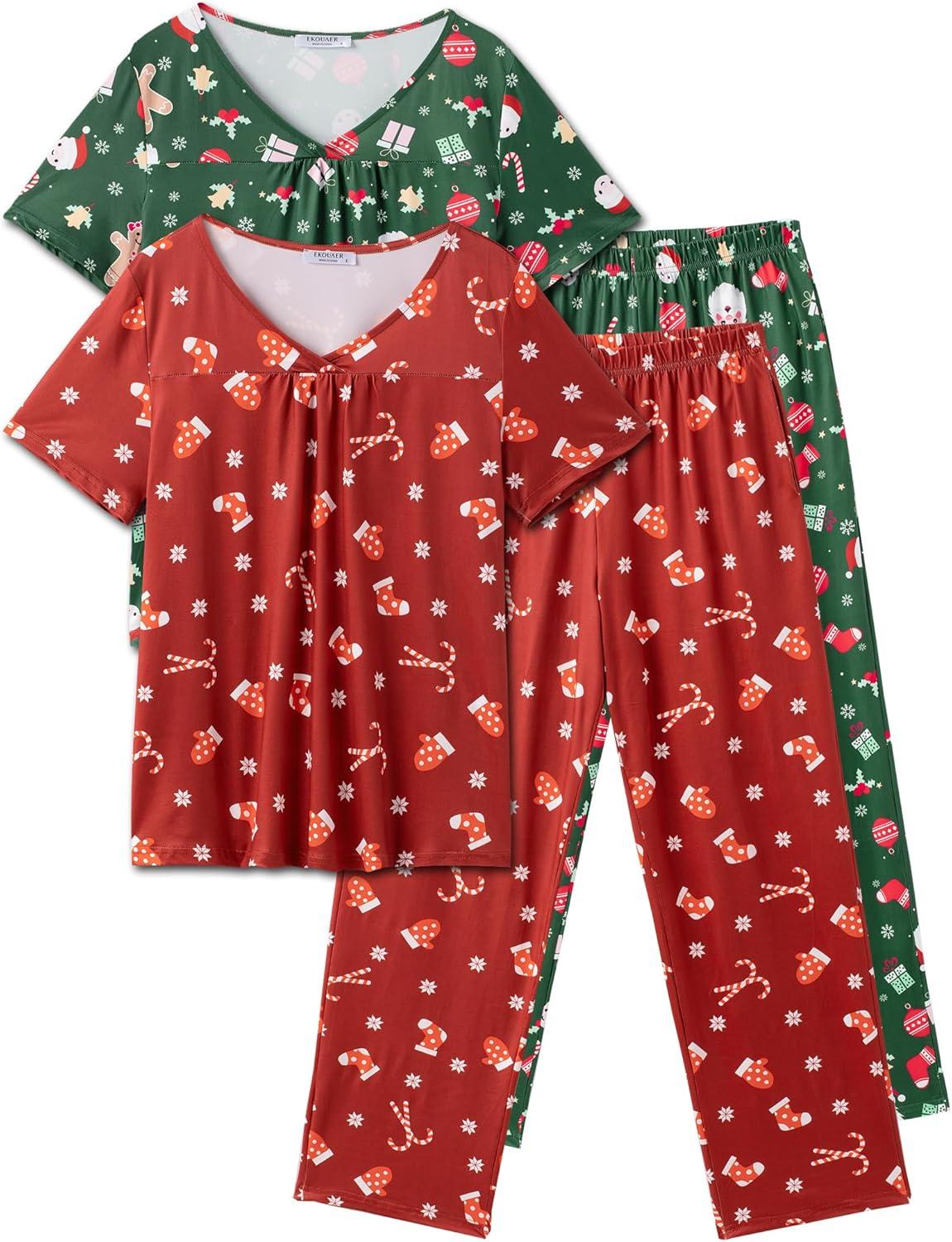 imageEkouaer Pajama Sets for Women 2 Pack Short Sleeve with Long Pant Pjs Sleepwear Comfy Lounge Sets with PocketsRedGreen
