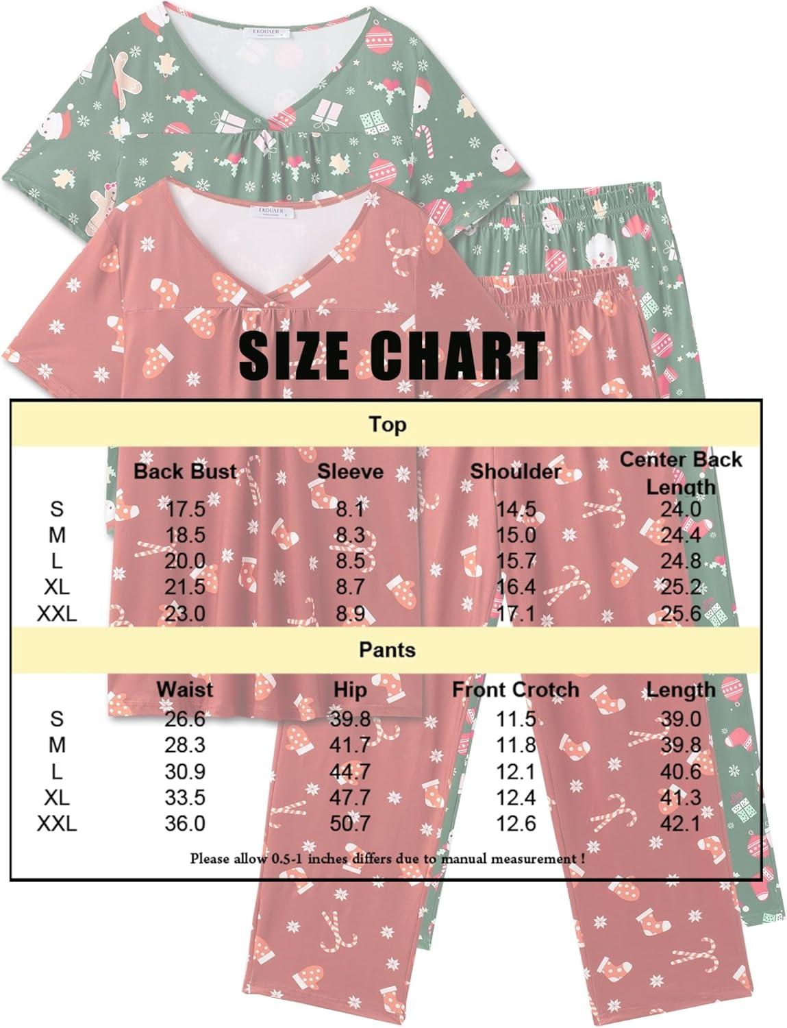imageEkouaer Pajama Sets for Women 2 Pack Short Sleeve with Long Pant Pjs Sleepwear Comfy Lounge Sets with PocketsRedGreen