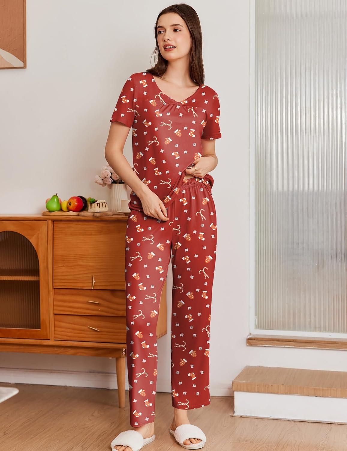imageEkouaer Pajama Sets for Women 2 Pack Short Sleeve with Long Pant Pjs Sleepwear Comfy Lounge Sets with PocketsRedGreen