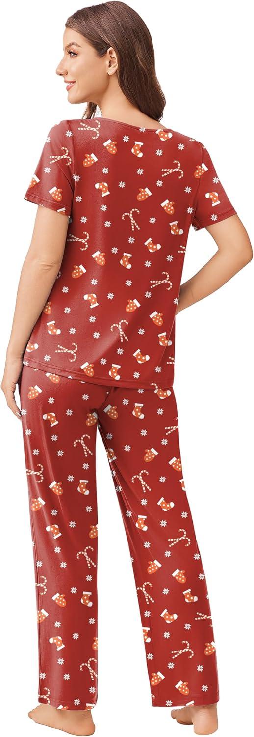 imageEkouaer Pajama Sets for Women 2 Pack Short Sleeve with Long Pant Pjs Sleepwear Comfy Lounge Sets with PocketsRedGreen