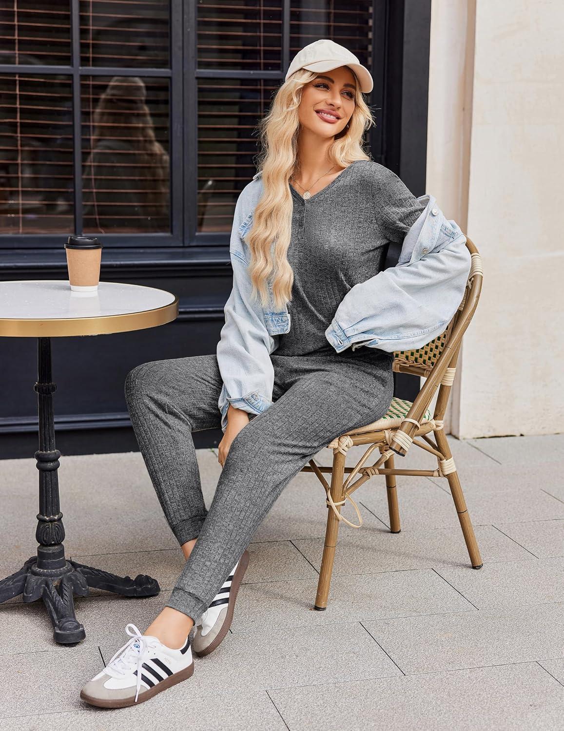 imageEkouaer Pajamas for Women Set 2 Piece Rib Knit Lounge Set Joggers Loungewear Short Sleeve Pjs with PocketsGray