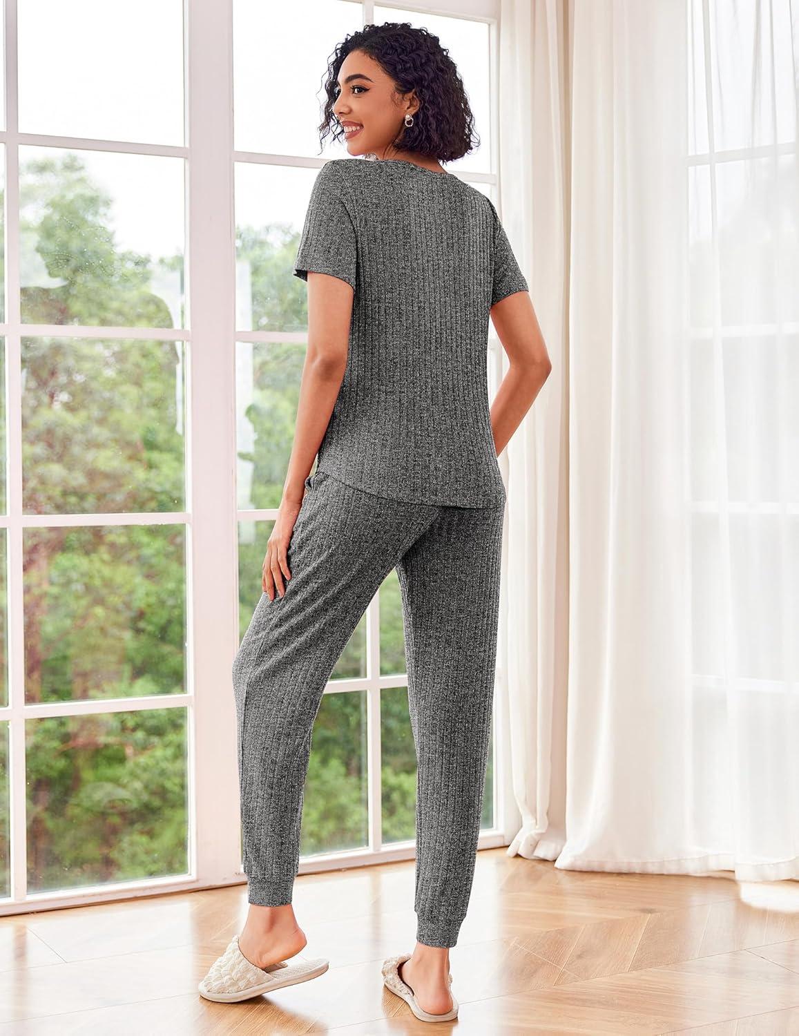 imageEkouaer Pajamas for Women Set 2 Piece Rib Knit Lounge Set Joggers Loungewear Short Sleeve Pjs with PocketsGray