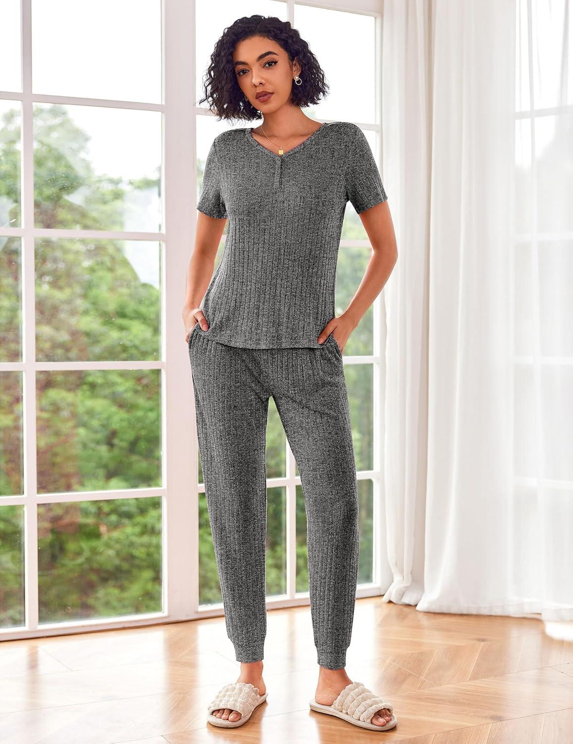 imageEkouaer Pajamas for Women Set 2 Piece Rib Knit Lounge Set Joggers Loungewear Short Sleeve Pjs with PocketsGray