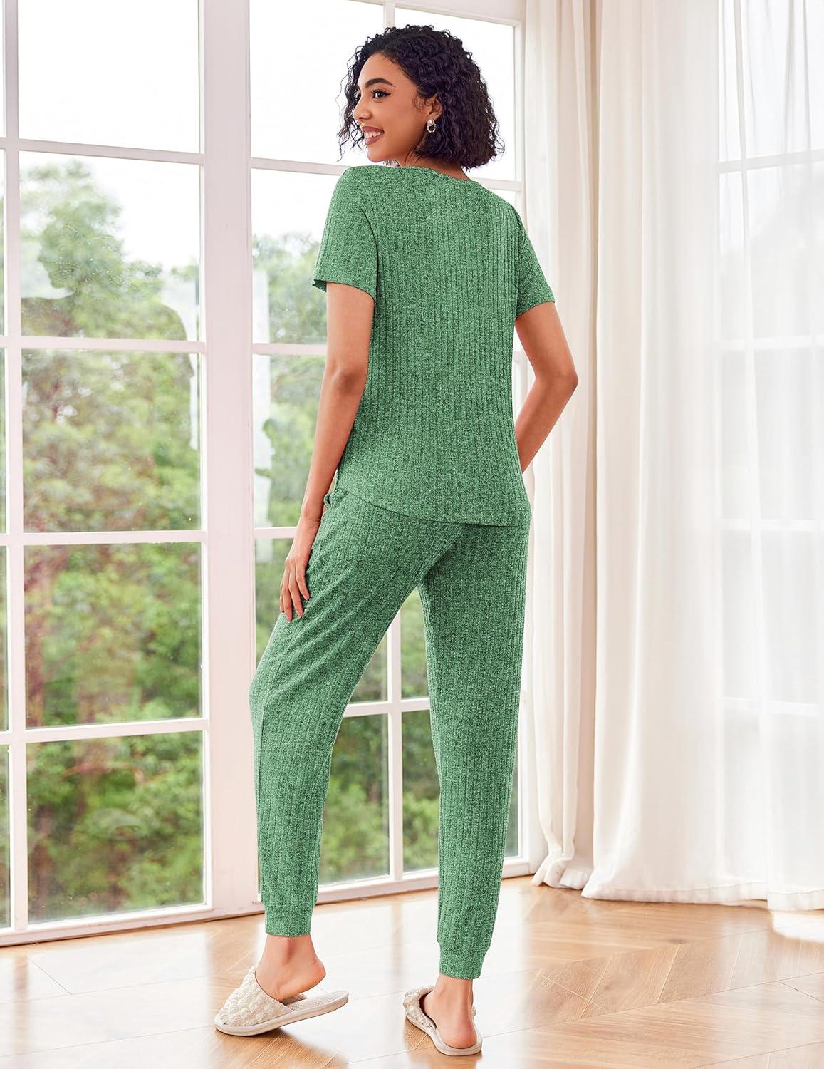 imageEkouaer Pajamas for Women Set 2 Piece Rib Knit Lounge Set Joggers Loungewear Short Sleeve Pjs with PocketsGreen
