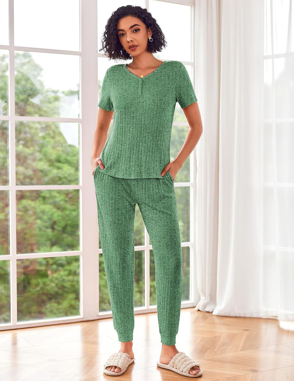 imageEkouaer Pajamas for Women Set 2 Piece Rib Knit Lounge Set Joggers Loungewear Short Sleeve Pjs with PocketsGreen