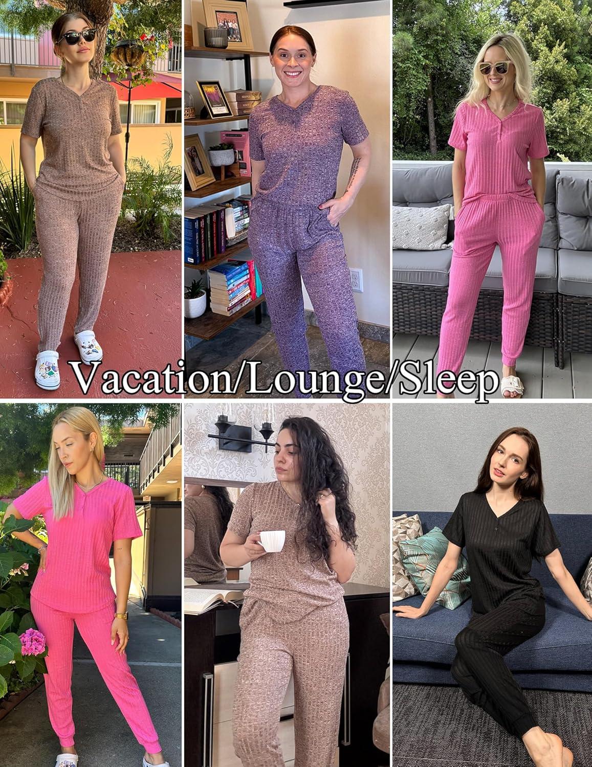 imageEkouaer Pajamas for Women Set 2 Piece Rib Knit Lounge Set Joggers Loungewear Short Sleeve Pjs with PocketsGreen