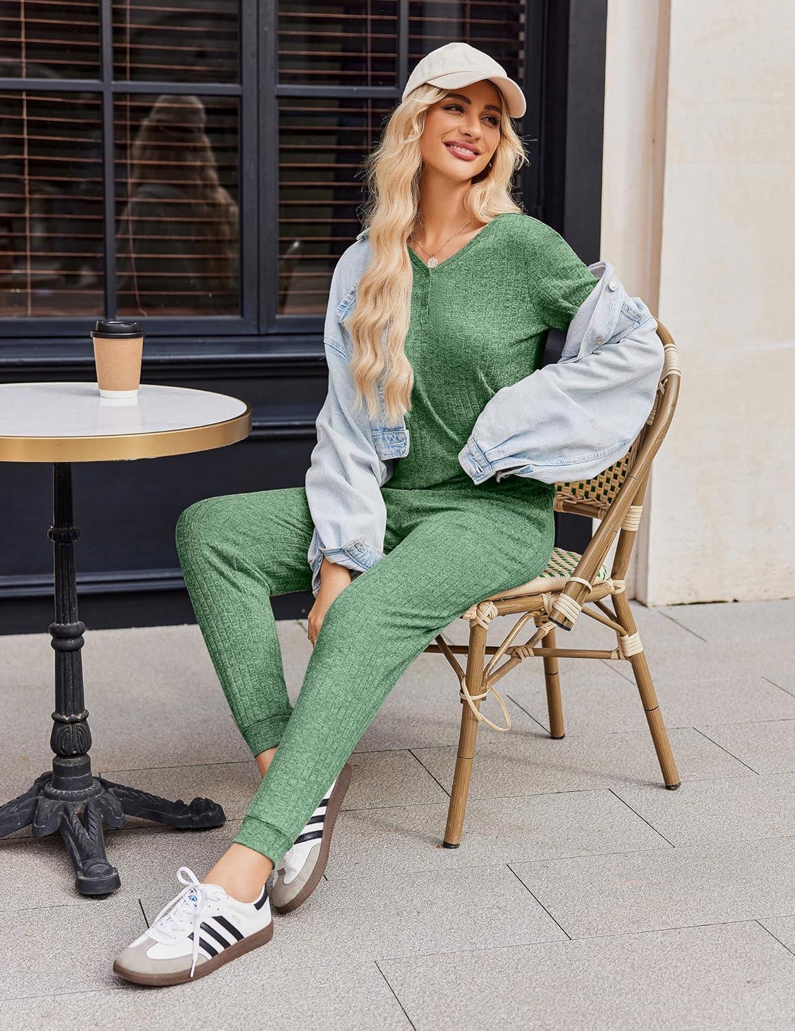 imageEkouaer Pajamas for Women Set 2 Piece Rib Knit Lounge Set Joggers Loungewear Short Sleeve Pjs with PocketsGreen
