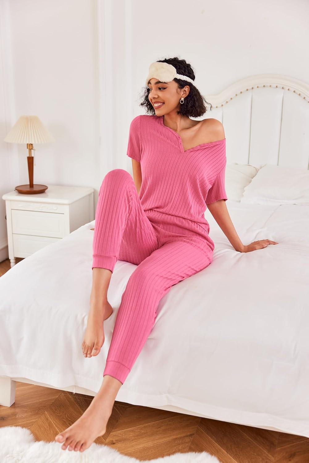 imageEkouaer Pajamas for Women Set 2 Piece Rib Knit Lounge Set Joggers Loungewear Short Sleeve Pjs with PocketsHot Pink