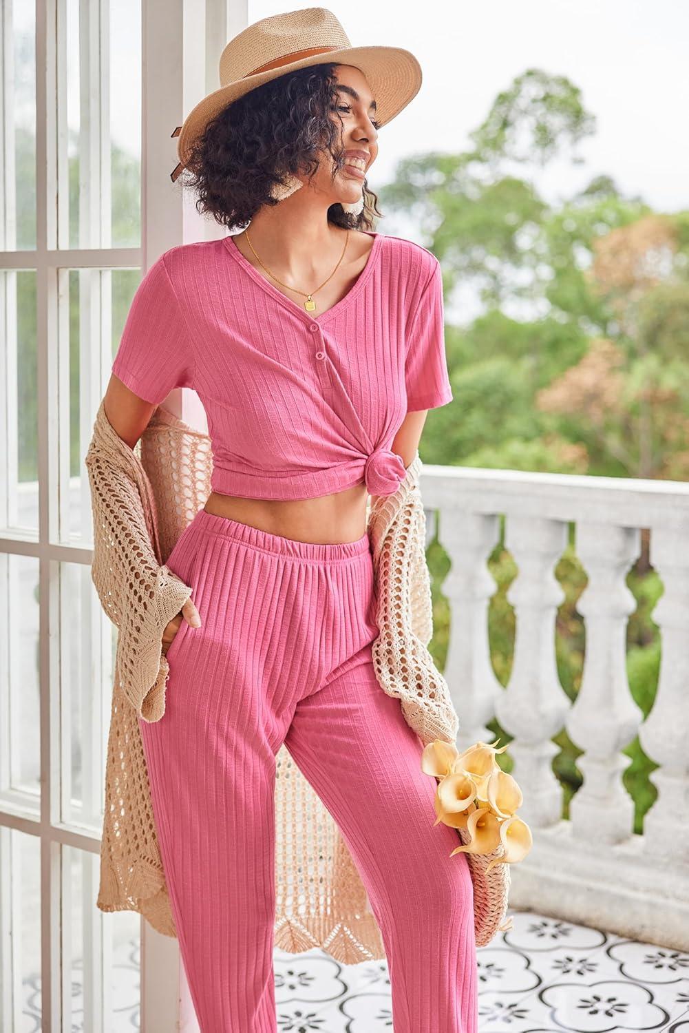 imageEkouaer Pajamas for Women Set 2 Piece Rib Knit Lounge Set Joggers Loungewear Short Sleeve Pjs with PocketsHot Pink