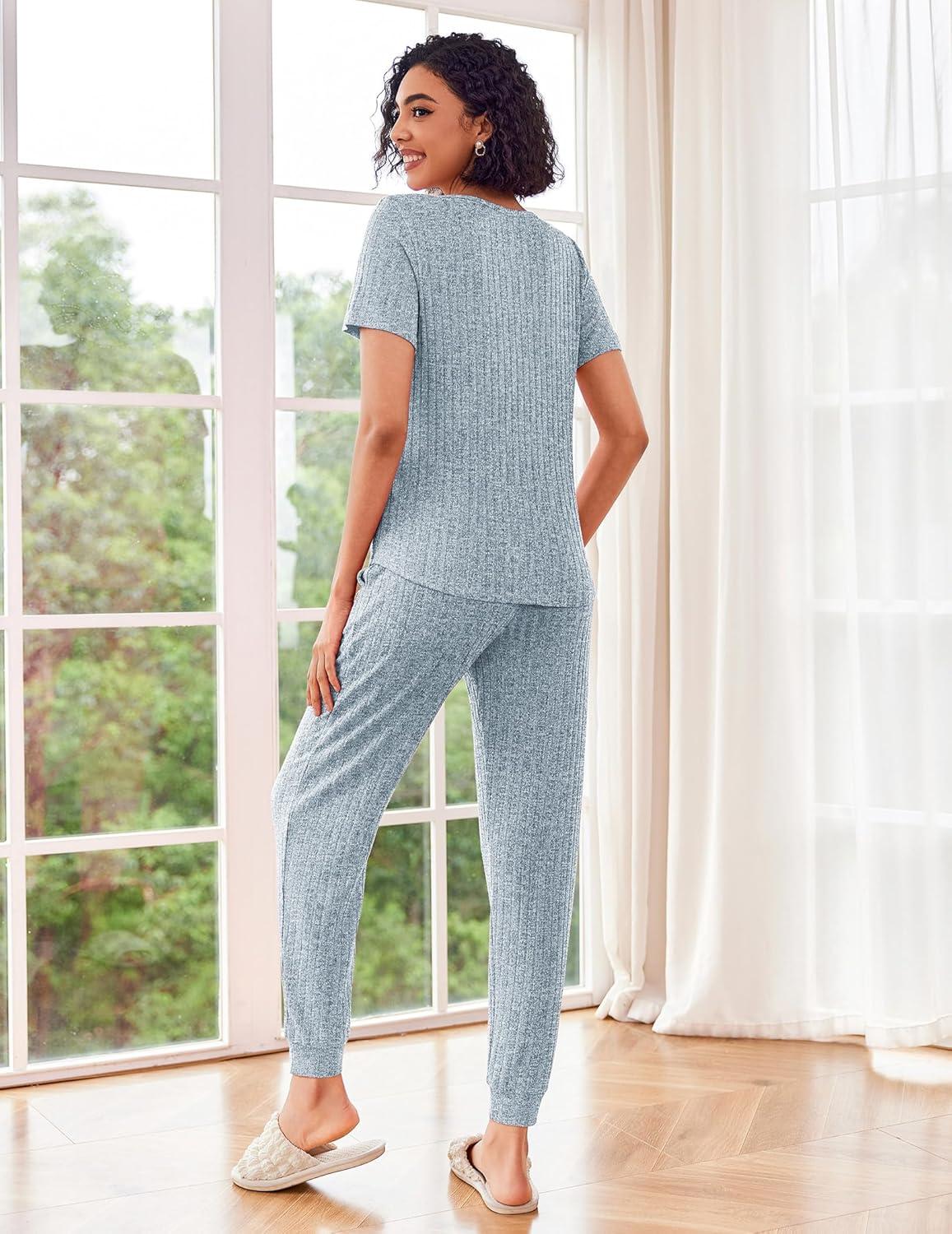 imageEkouaer Pajamas for Women Set 2 Piece Rib Knit Lounge Set Joggers Loungewear Short Sleeve Pjs with PocketsLight Blue