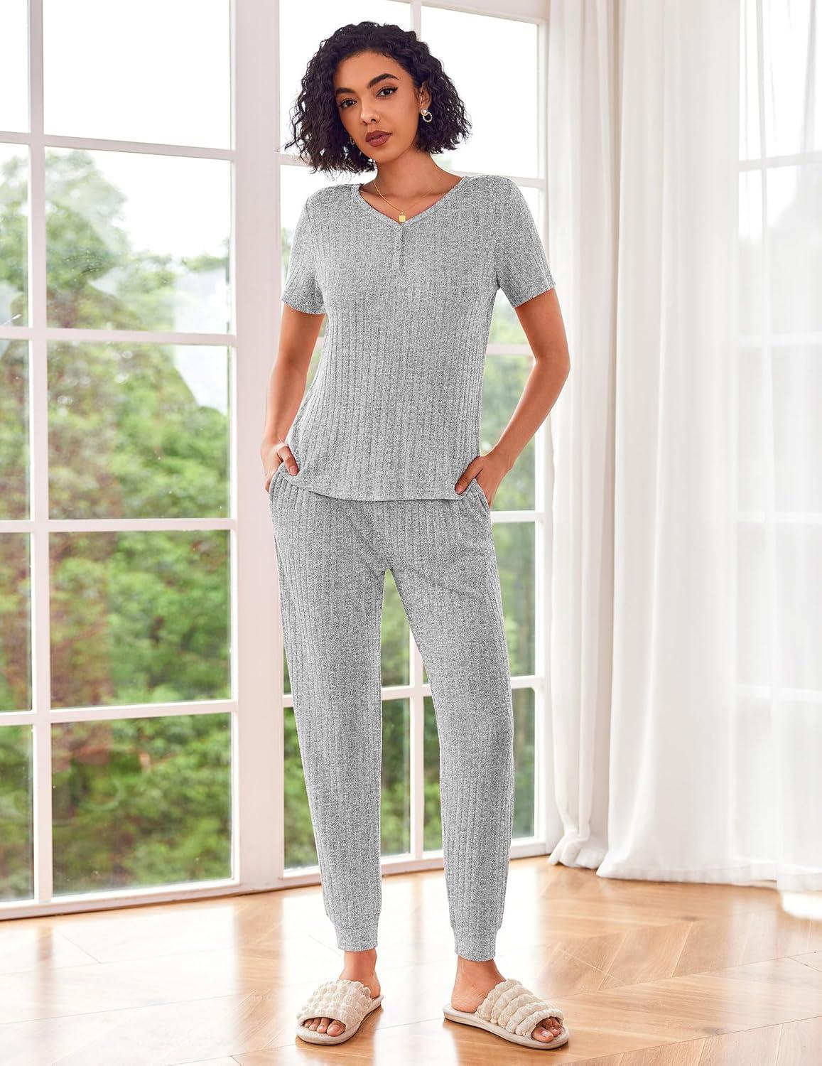 imageEkouaer Pajamas for Women Set 2 Piece Rib Knit Lounge Set Joggers Loungewear Short Sleeve Pjs with PocketsLight Gray