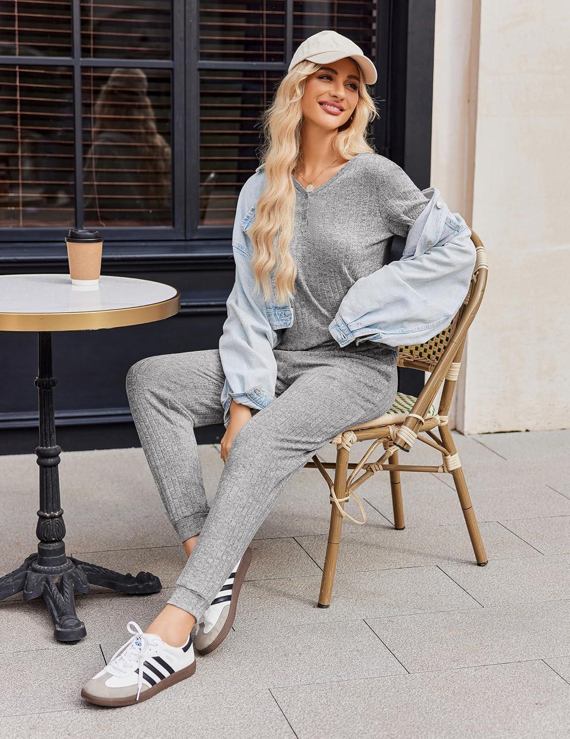 imageEkouaer Pajamas for Women Set 2 Piece Rib Knit Lounge Set Joggers Loungewear Short Sleeve Pjs with PocketsLight Gray