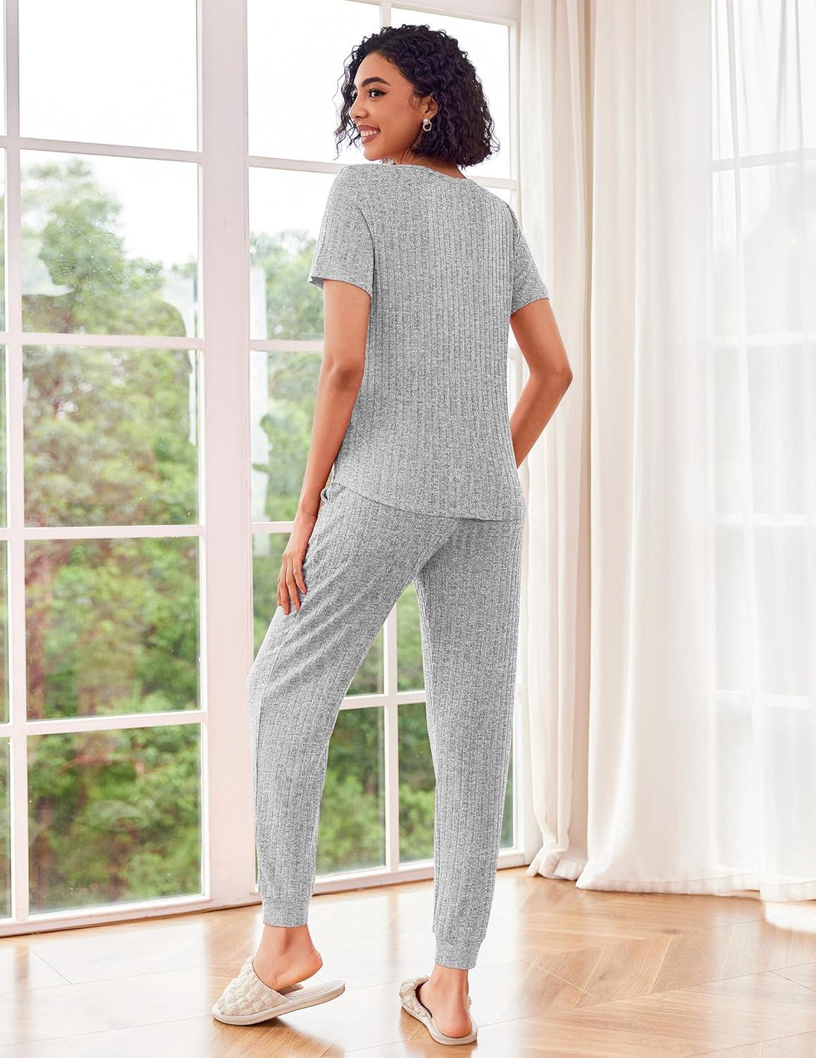 imageEkouaer Pajamas for Women Set 2 Piece Rib Knit Lounge Set Joggers Loungewear Short Sleeve Pjs with PocketsLight Gray