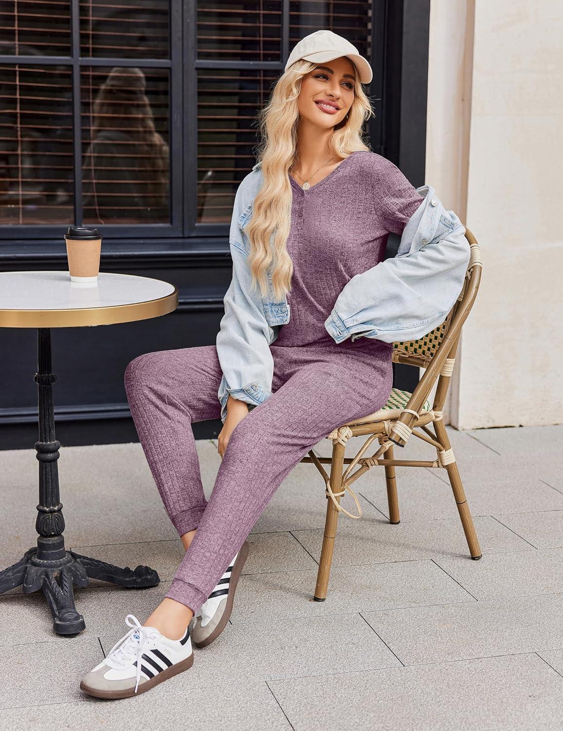 imageEkouaer Pajamas for Women Set 2 Piece Rib Knit Lounge Set Joggers Loungewear Short Sleeve Pjs with PocketsPurple