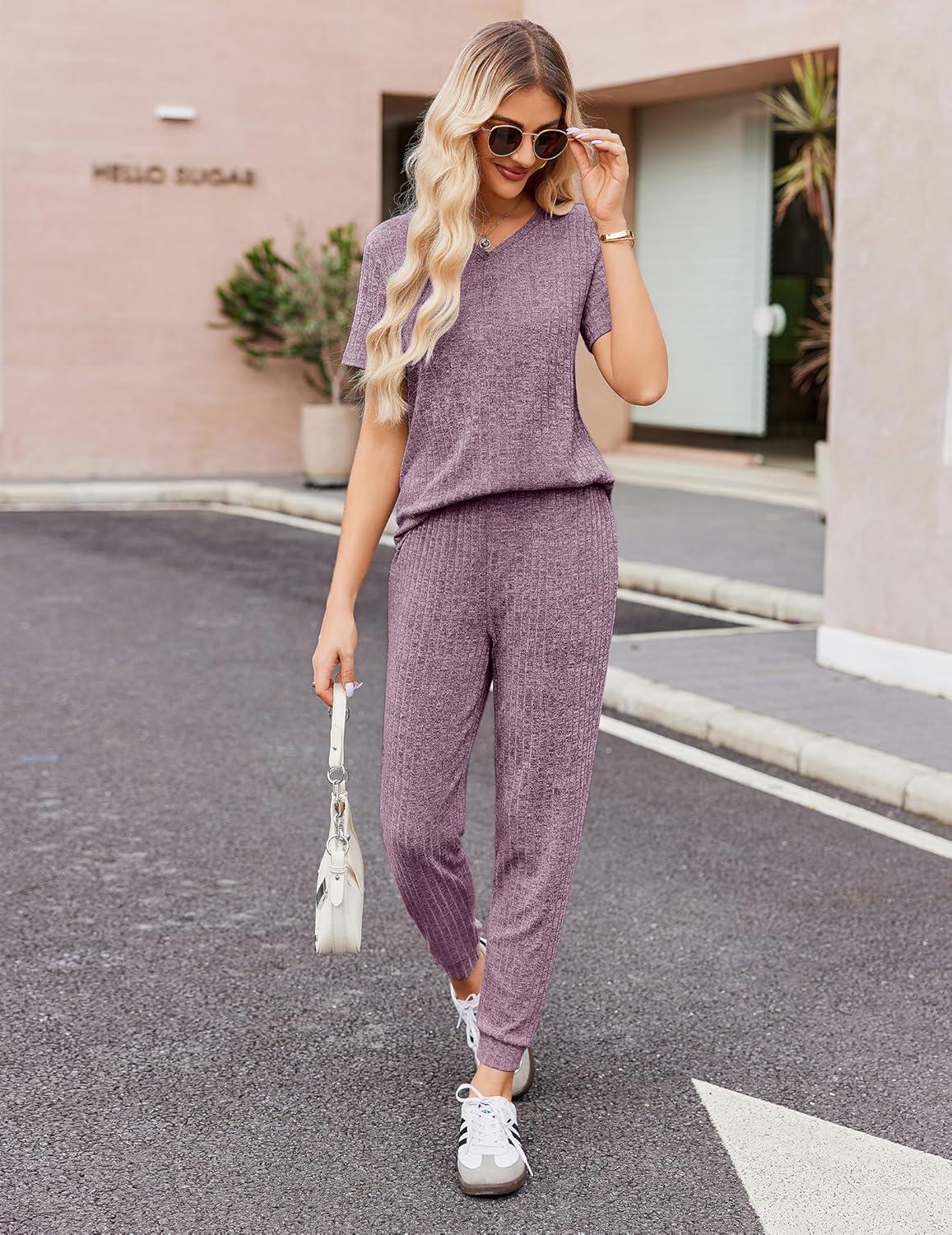 imageEkouaer Pajamas for Women Set 2 Piece Rib Knit Lounge Set Joggers Loungewear Short Sleeve Pjs with PocketsPurple