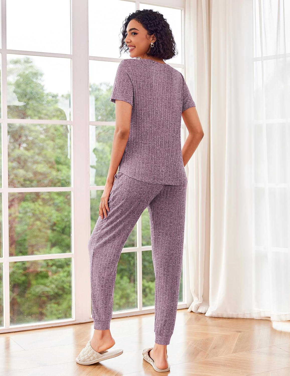 imageEkouaer Pajamas for Women Set 2 Piece Rib Knit Lounge Set Joggers Loungewear Short Sleeve Pjs with PocketsPurple