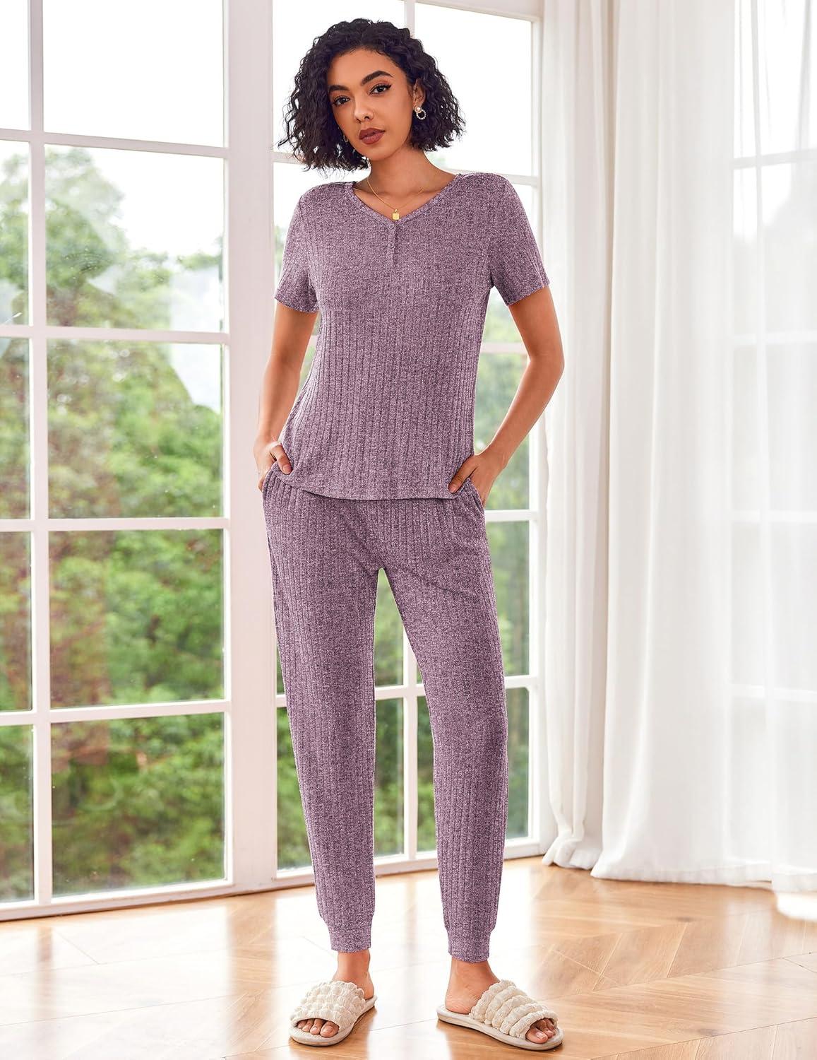 imageEkouaer Pajamas for Women Set 2 Piece Rib Knit Lounge Set Joggers Loungewear Short Sleeve Pjs with PocketsPurple