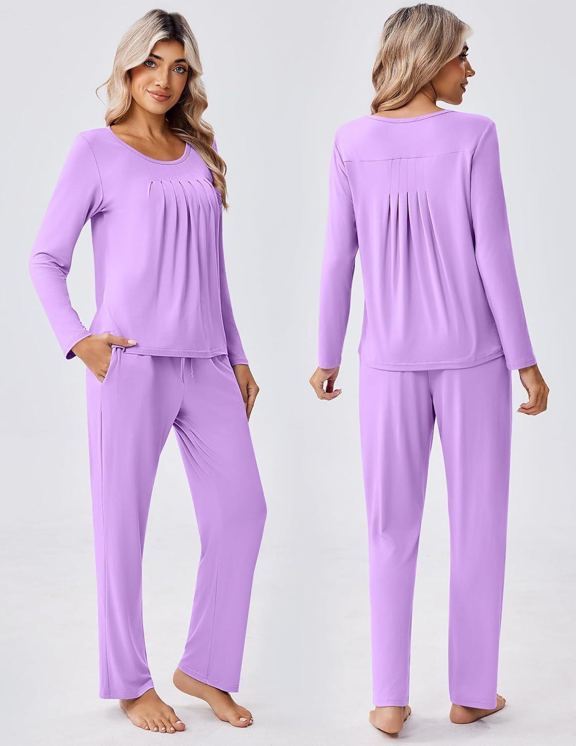 imageEkouaer Pajamas for Women Set Soft 2 Piece Pjs Long Sleeve Sleep Set Loungewear With PocketLilac