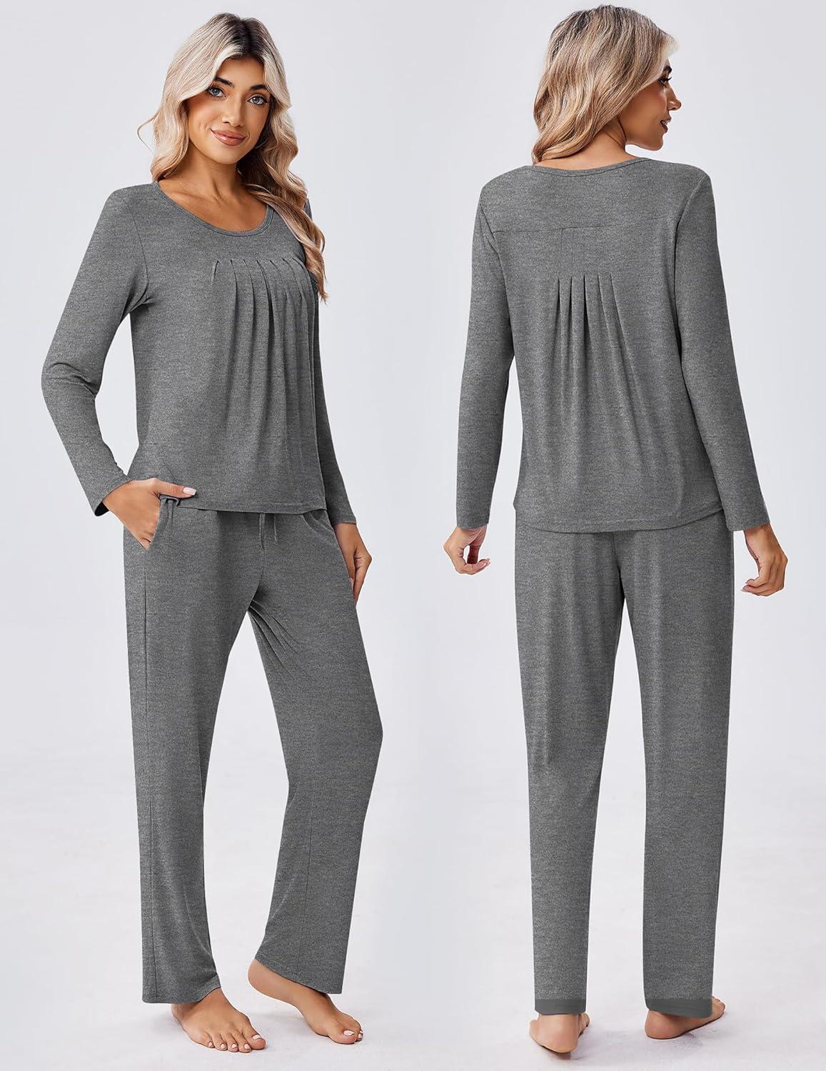 imageEkouaer Pajamas for Women Set Soft 2 Piece Pjs Long Sleeve Sleep Set Loungewear With PocketMgrey