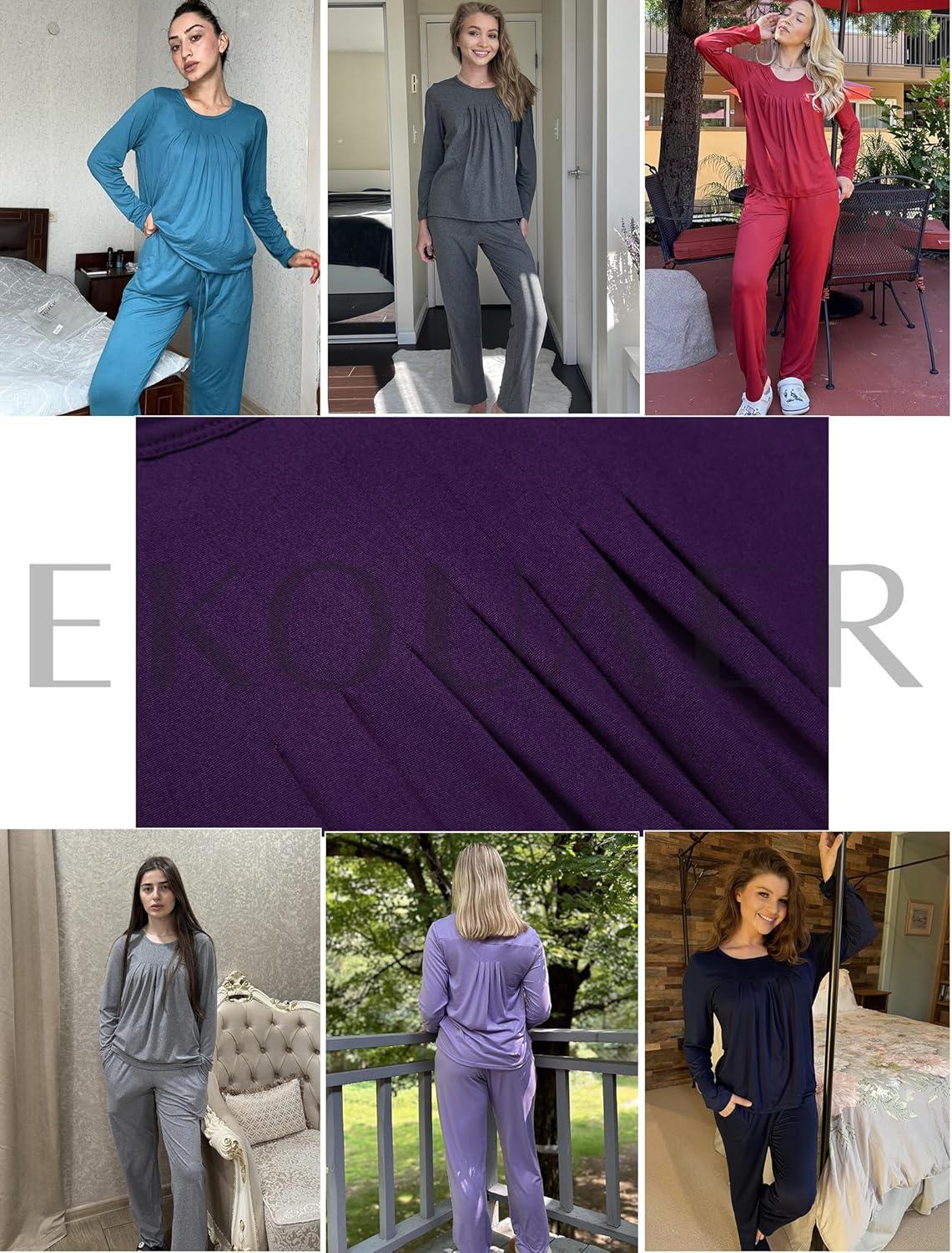 imageEkouaer Pajamas for Women Set Soft 2 Piece Pjs Long Sleeve Sleep Set Loungewear With PocketMgrey