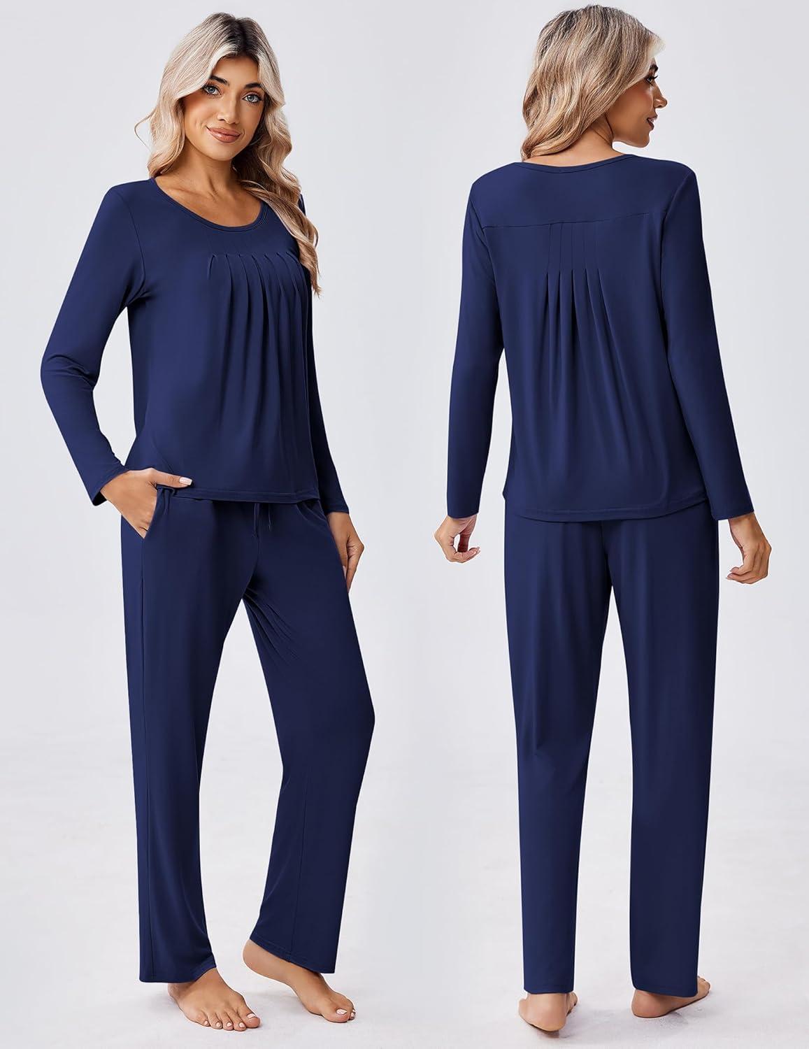 imageEkouaer Pajamas for Women Set Soft 2 Piece Pjs Long Sleeve Sleep Set Loungewear With PocketNavy Blue