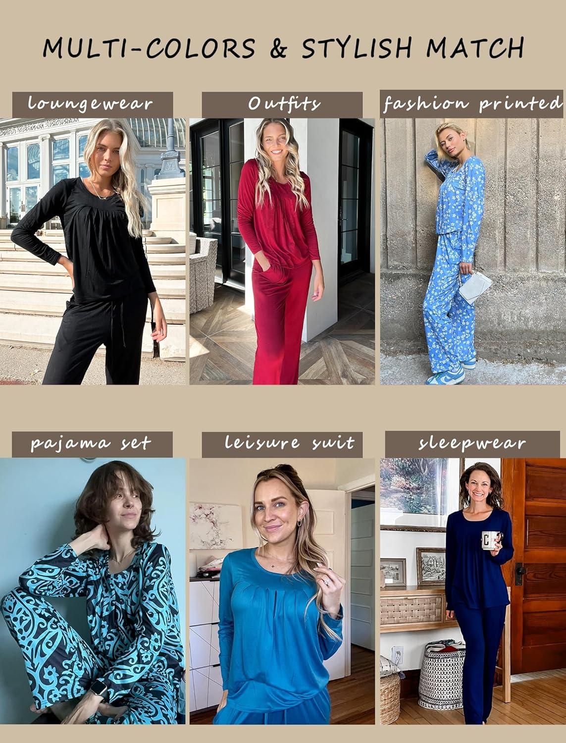 imageEkouaer Pajamas for Women Set Soft 2 Piece Pjs Long Sleeve Sleep Set Loungewear With PocketWine Red