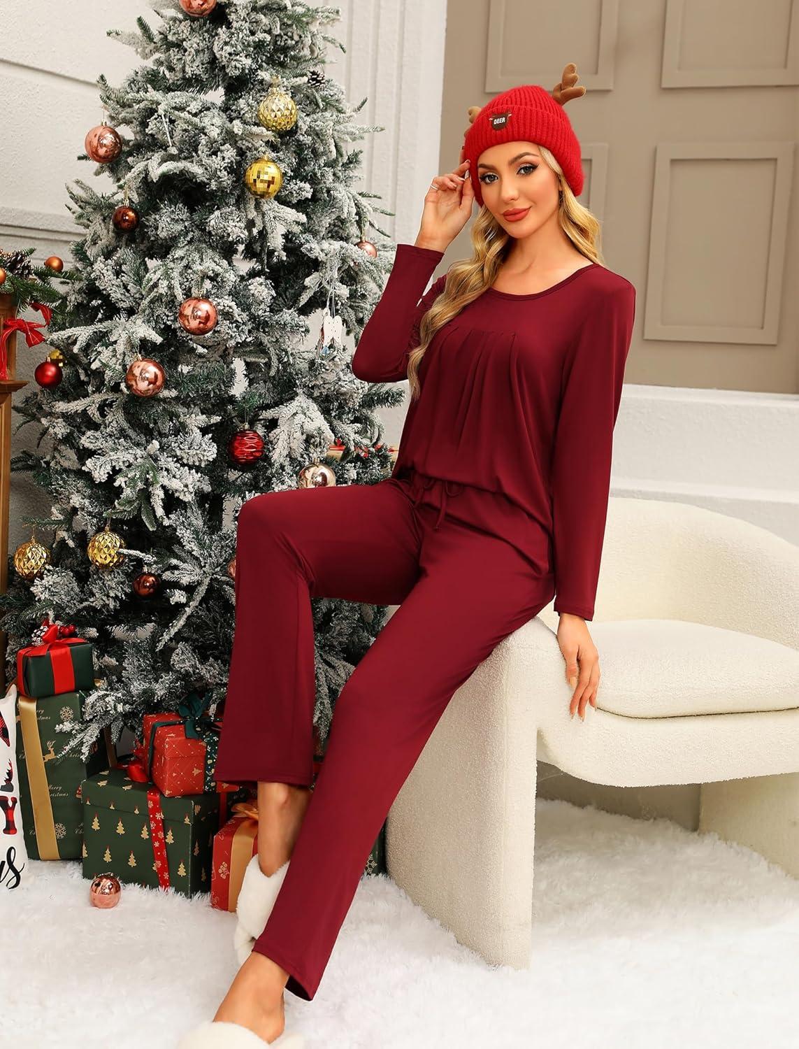 imageEkouaer Pajamas for Women Set Soft 2 Piece Pjs Long Sleeve Sleep Set Loungewear With PocketWine Red