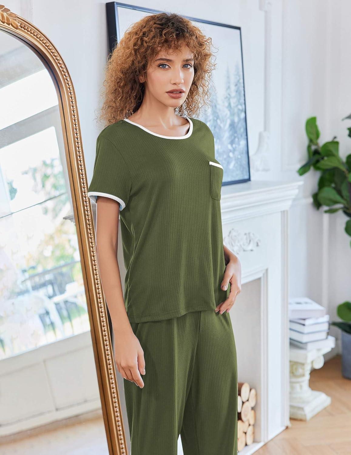 imageEkouaer Women Lounge Pajamas Sets Ribbed Knit PJ Short Sleeve and Long Pajama Pant Soft 2 Piece Sleepwear Loungwear SetArmy Green