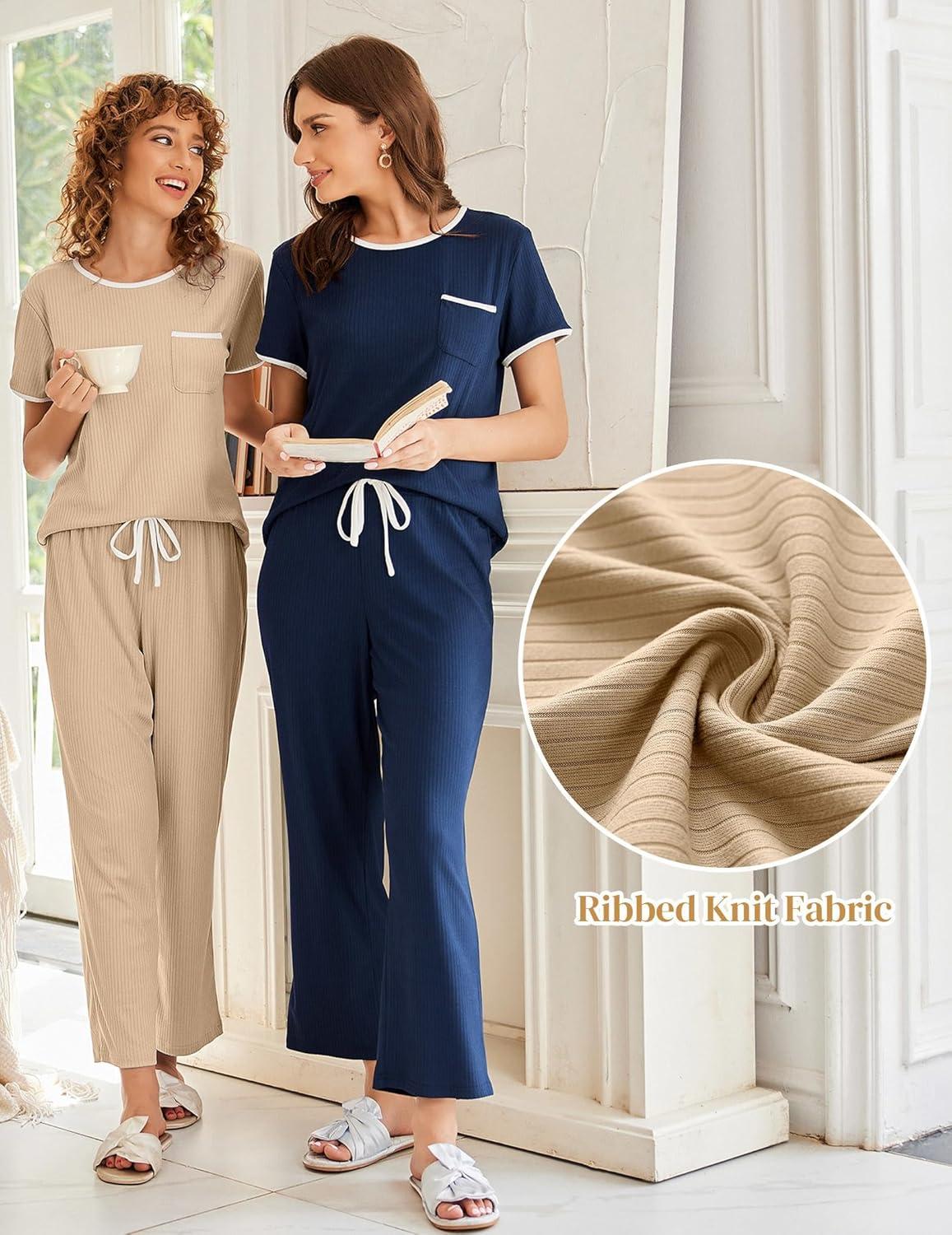imageEkouaer Women Lounge Pajamas Sets Ribbed Knit PJ Short Sleeve and Long Pajama Pant Soft 2 Piece Sleepwear Loungwear SetArmy Green