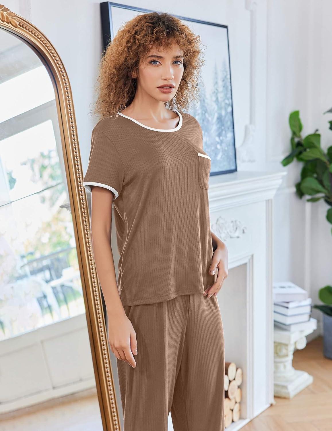 imageEkouaer Women Lounge Pajamas Sets Ribbed Knit PJ Short Sleeve and Long Pajama Pant Soft 2 Piece Sleepwear Loungwear SetBrown