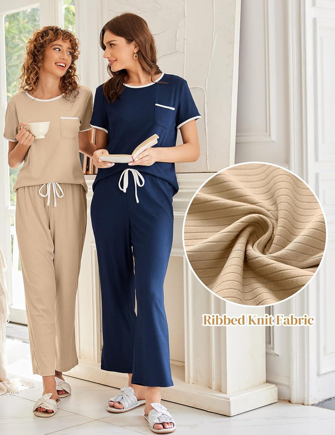 imageEkouaer Women Lounge Pajamas Sets Ribbed Knit PJ Short Sleeve and Long Pajama Pant Soft 2 Piece Sleepwear Loungwear SetBrown