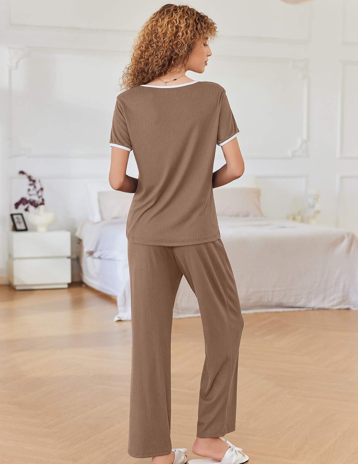 imageEkouaer Women Lounge Pajamas Sets Ribbed Knit PJ Short Sleeve and Long Pajama Pant Soft 2 Piece Sleepwear Loungwear SetBrown