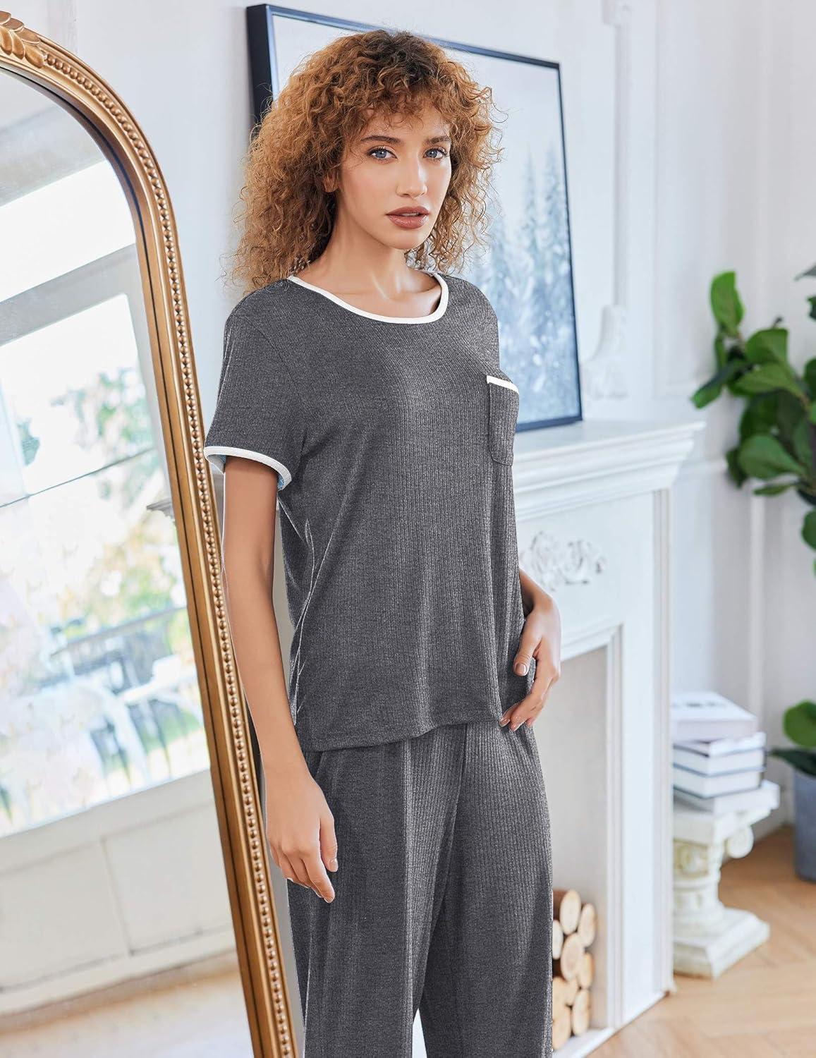 imageEkouaer Women Lounge Pajamas Sets Ribbed Knit PJ Short Sleeve and Long Pajama Pant Soft 2 Piece Sleepwear Loungwear SetDark Gray