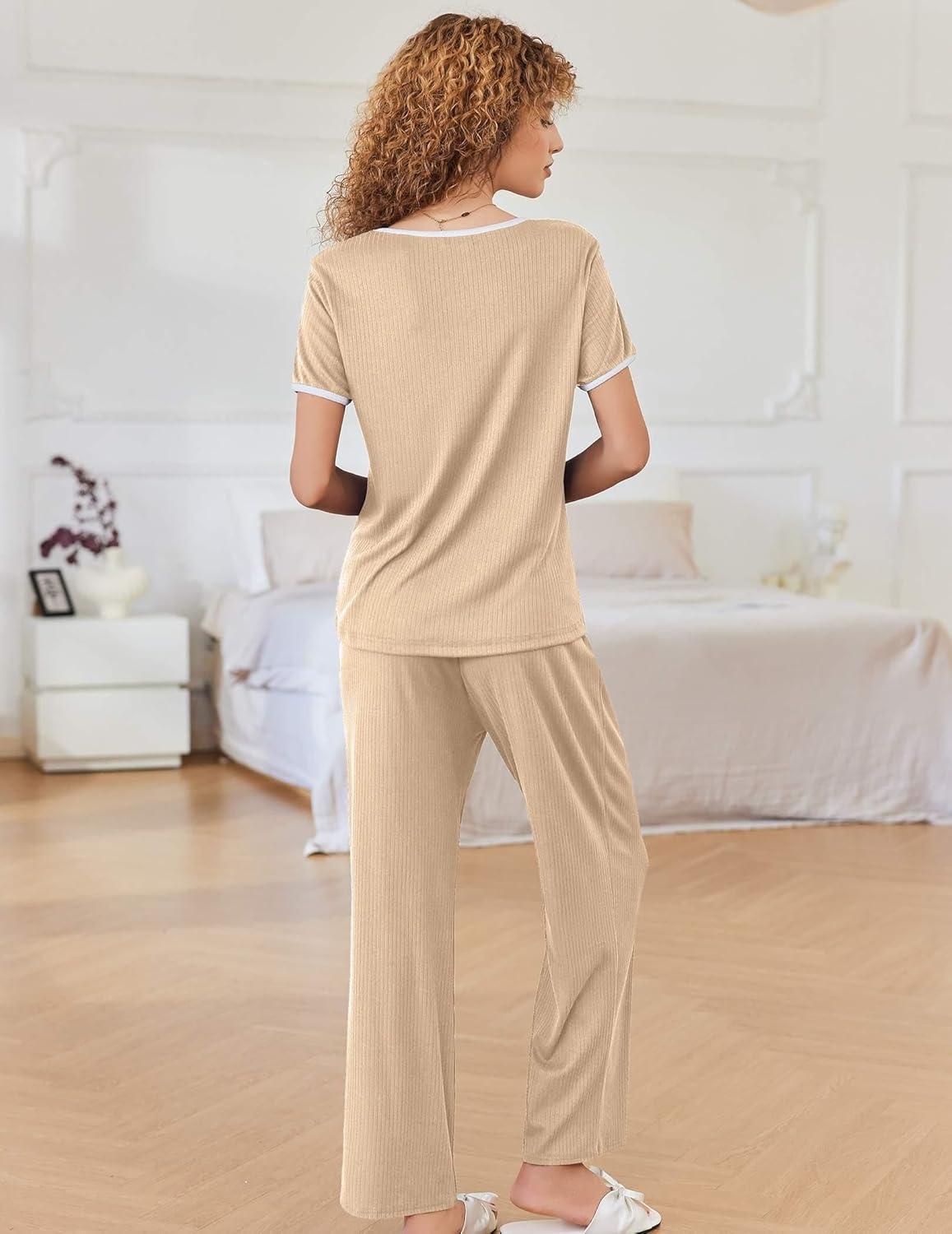 imageEkouaer Women Lounge Pajamas Sets Ribbed Knit PJ Short Sleeve and Long Pajama Pant Soft 2 Piece Sleepwear Loungwear SetDark Khaki