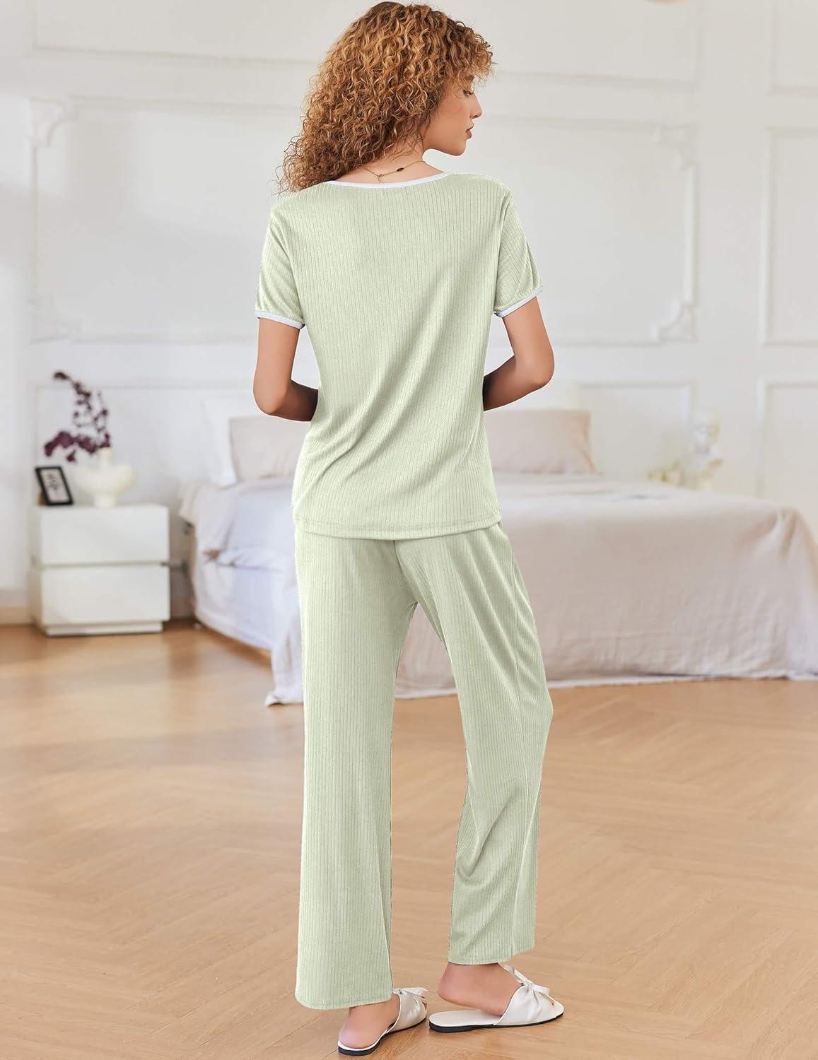 imageEkouaer Women Lounge Pajamas Sets Ribbed Knit PJ Short Sleeve and Long Pajama Pant Soft 2 Piece Sleepwear Loungwear SetLight Green