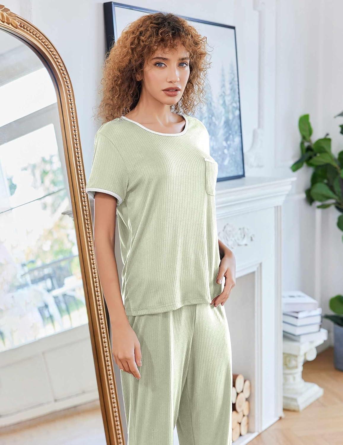 imageEkouaer Women Lounge Pajamas Sets Ribbed Knit PJ Short Sleeve and Long Pajama Pant Soft 2 Piece Sleepwear Loungwear SetLight Green