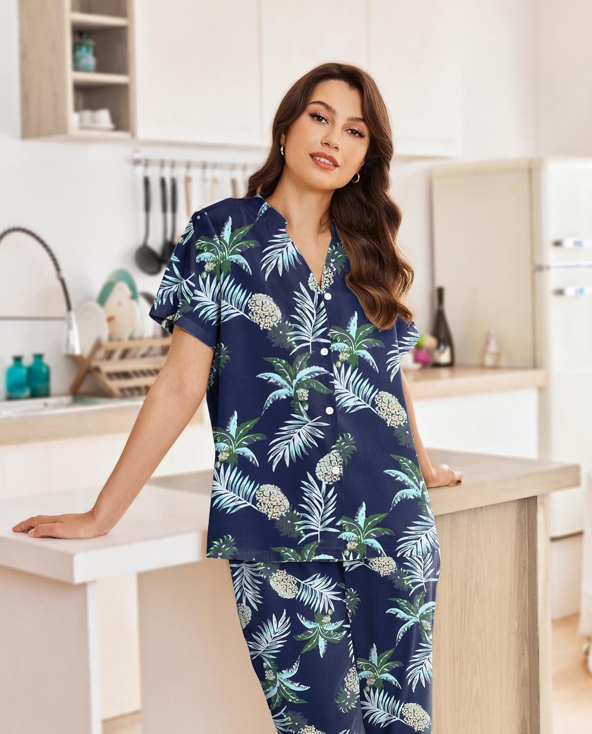 imageEkouaer Women Pajamas Set Short Sleeve Button Down Sleepwear Soft Pjs Loungewear Pants Set SXXLNavy Blue Leaf