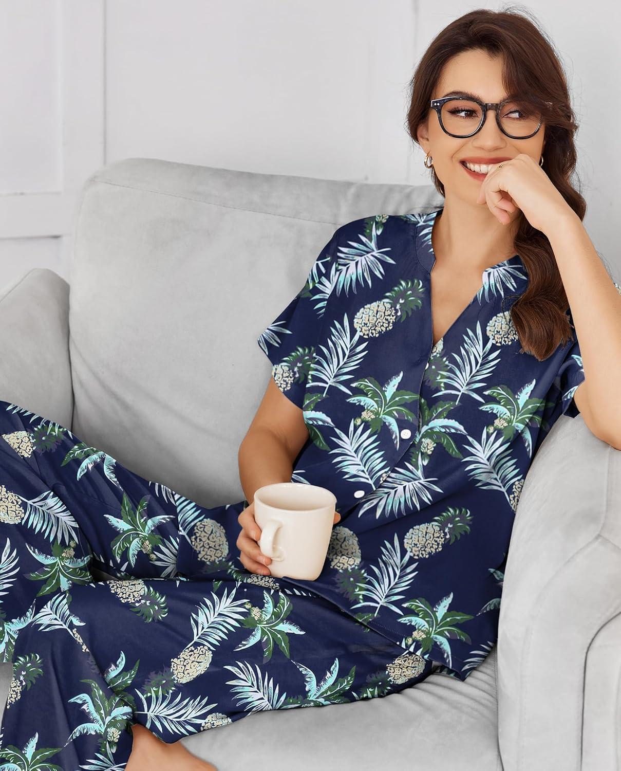 imageEkouaer Women Pajamas Set Short Sleeve Button Down Sleepwear Soft Pjs Loungewear Pants Set SXXLNavy Blue Leaf
