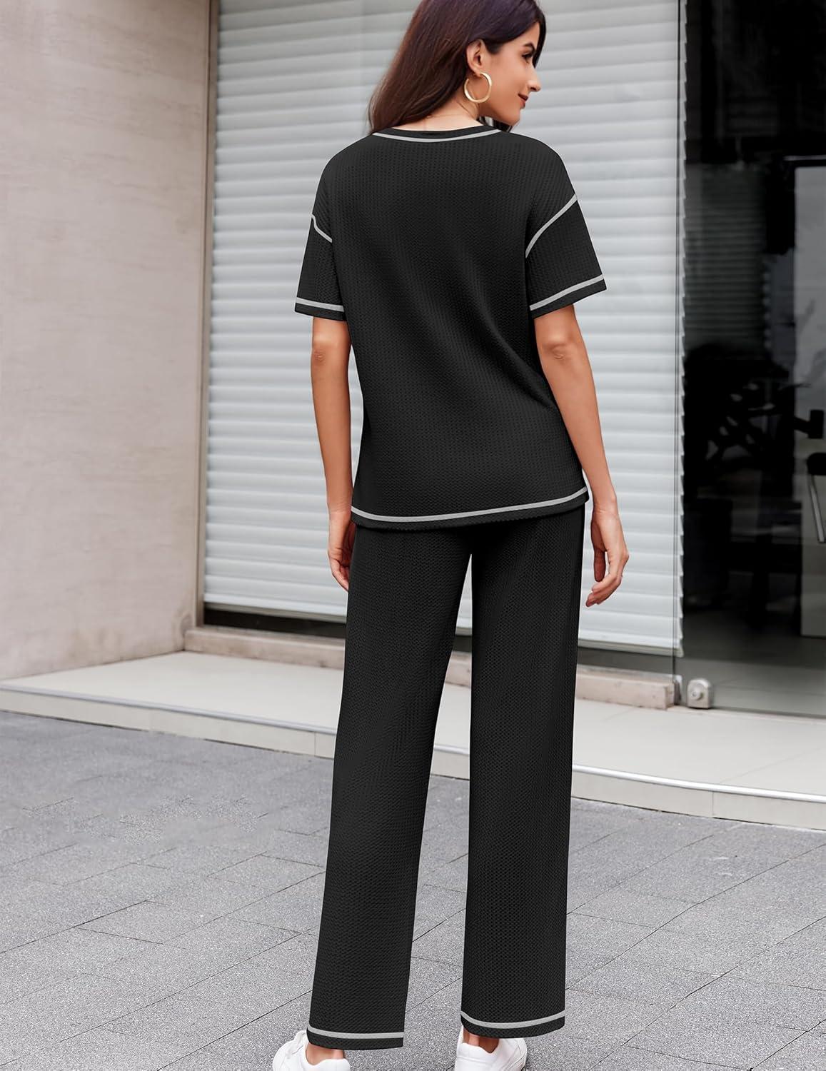 imageEkouaer Women Waffle Knit Lounge Sets Short Sleeve Top and Long Pant Pajama Set Loungewear 2 Piece Pjs Set with Pockets01 Black