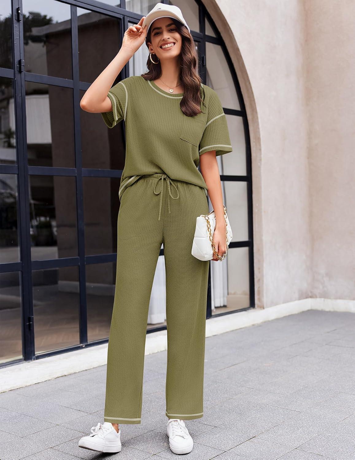 imageEkouaer Women Waffle Knit Lounge Sets Short Sleeve Top and Long Pant Pajama Set Loungewear 2 Piece Pjs Set with Pockets04 Military Green