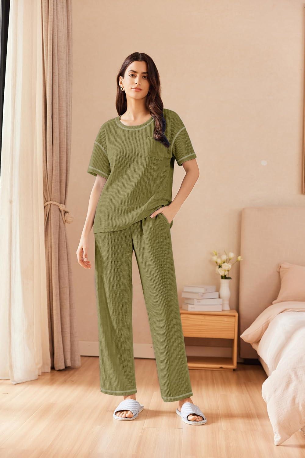 imageEkouaer Women Waffle Knit Lounge Sets Short Sleeve Top and Long Pant Pajama Set Loungewear 2 Piece Pjs Set with Pockets04 Military Green