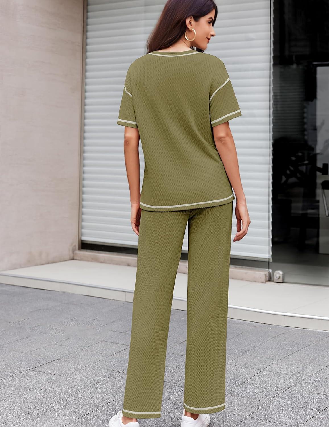 imageEkouaer Women Waffle Knit Lounge Sets Short Sleeve Top and Long Pant Pajama Set Loungewear 2 Piece Pjs Set with Pockets04 Military Green