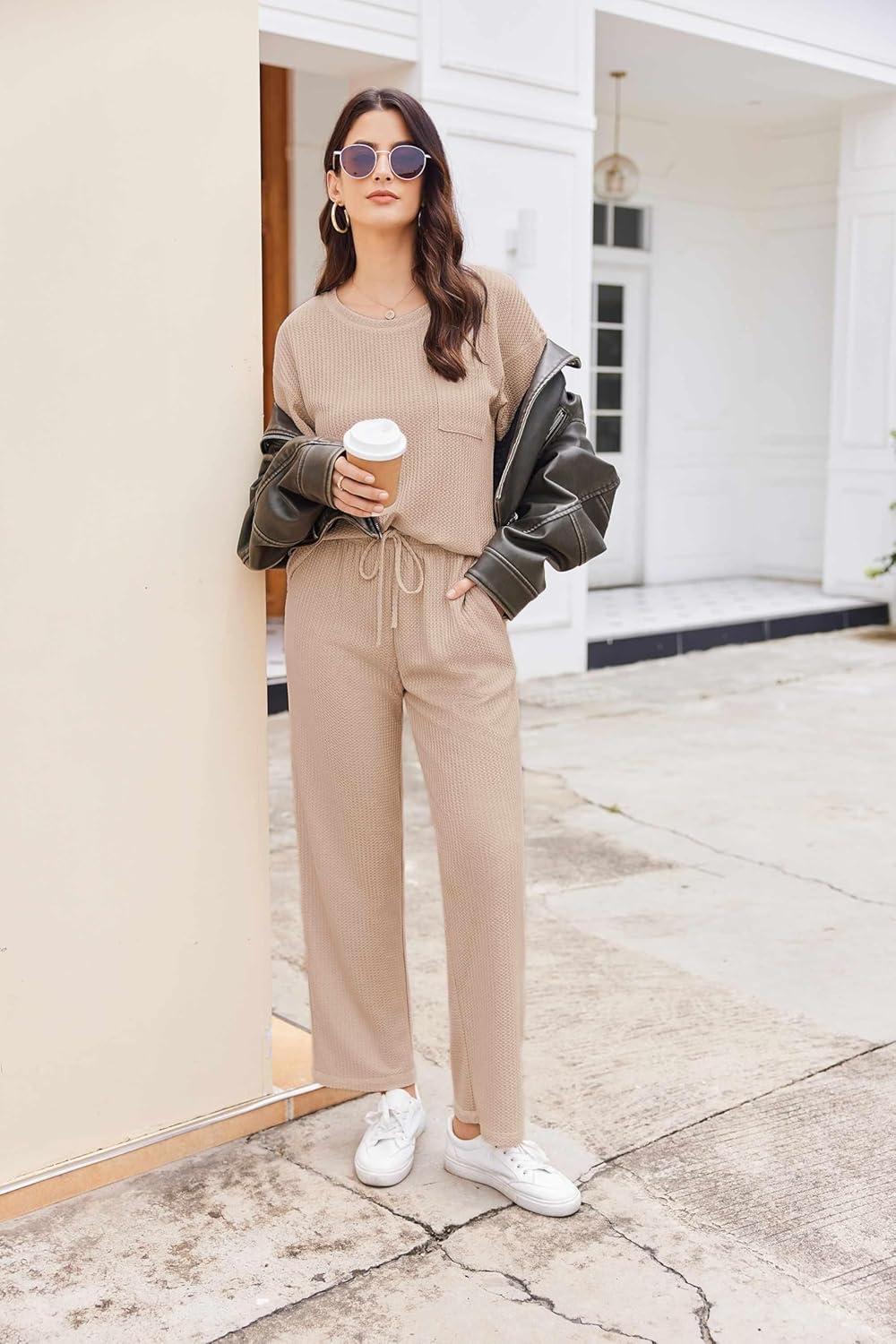 imageEkouaer Women Waffle Knit Lounge Sets Short Sleeve Top and Long Pant Pajama Set Loungewear 2 Piece Pjs Set with PocketsChampagne