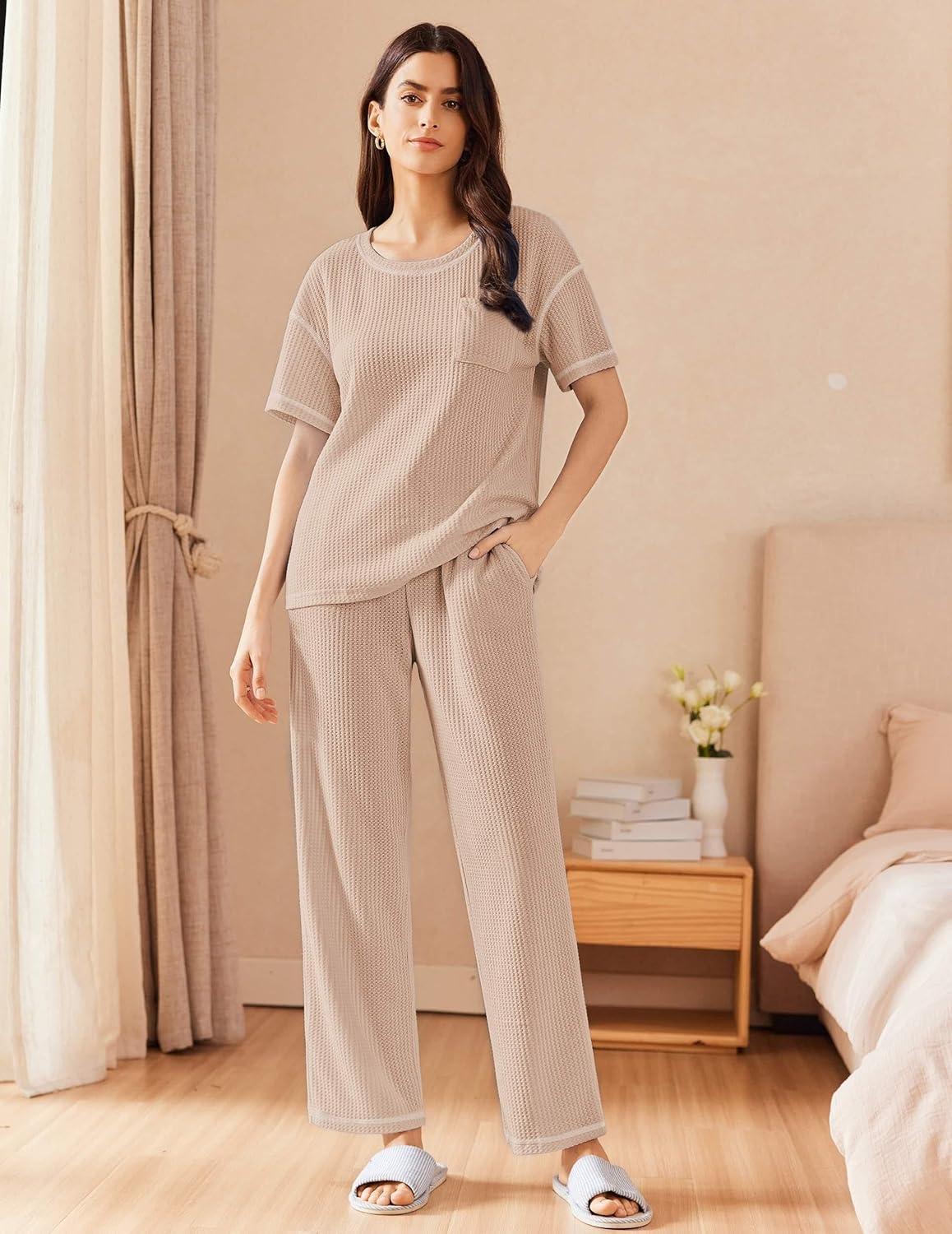 imageEkouaer Women Waffle Knit Lounge Sets Short Sleeve Top and Long Pant Pajama Set Loungewear 2 Piece Pjs Set with PocketsChampagne